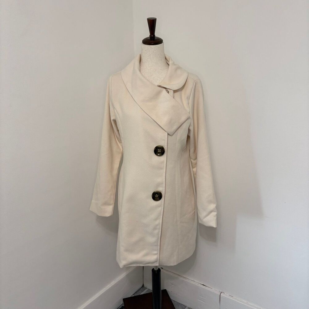 ModCloth Azalea Cream Asymmetrical Collar Button Front Coat Sz L